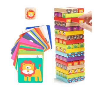 Wooden Tumble Tower Game for Kids 4 in 1 with Animals and Colours